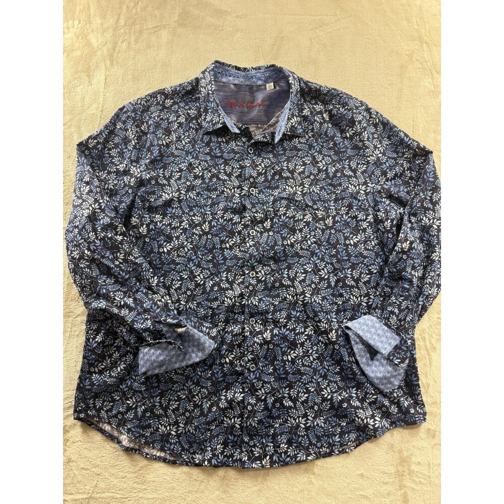 Robert Graham Shirt Mens 3XL Black/Blue Leaves Classic Fit Flip Cuff